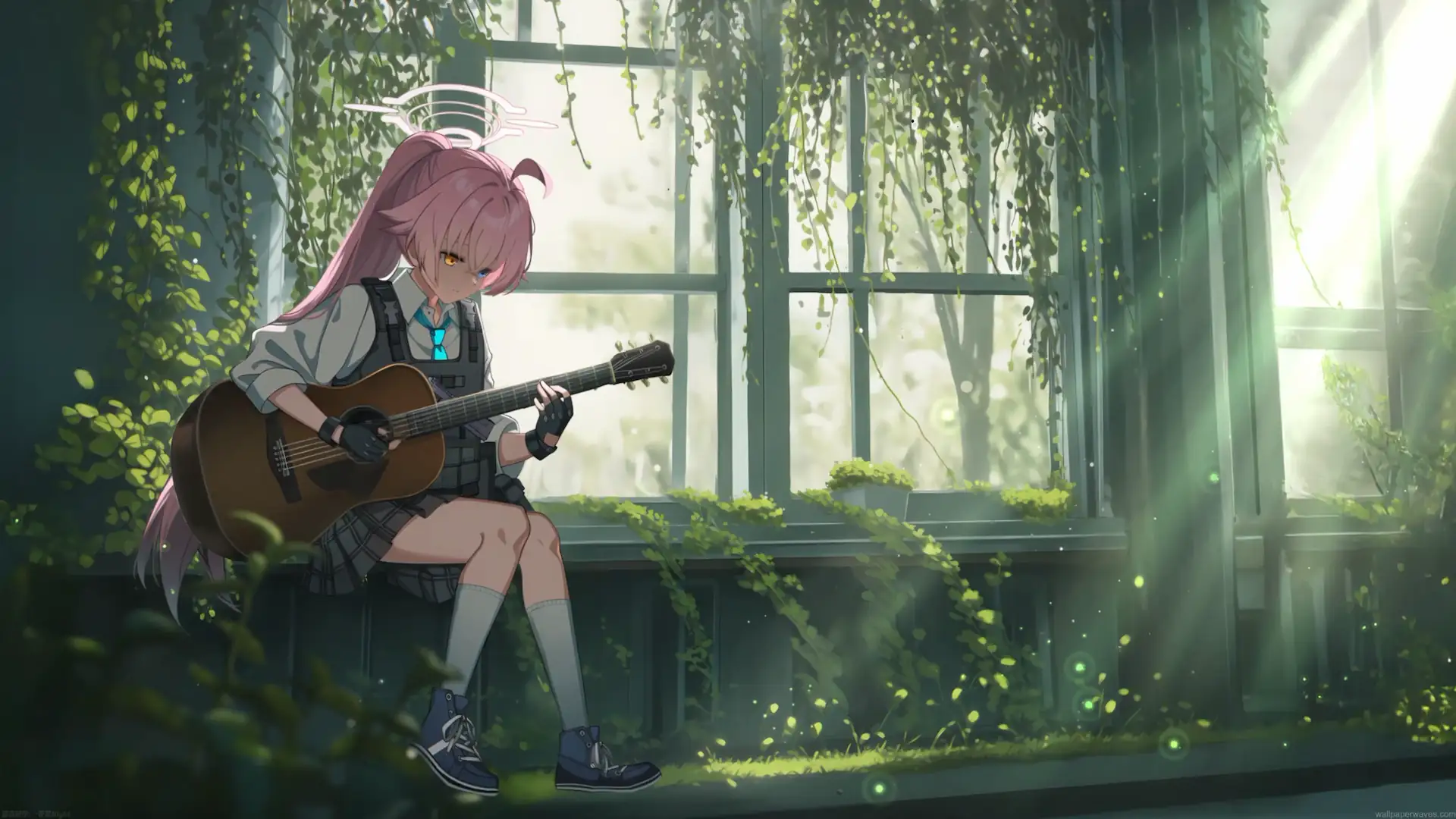 Hoshino playing an acoustic guitar beside an ivy-covered window in Blue Archive live wallpaper.