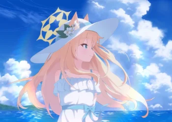 Iochi Mari Ocean View Blue Archive Live Wallpaper 1 Iochi Mari from Blue Archive overlooking a bright ocean beneath a blue summer sky in an anime live wallpaper.