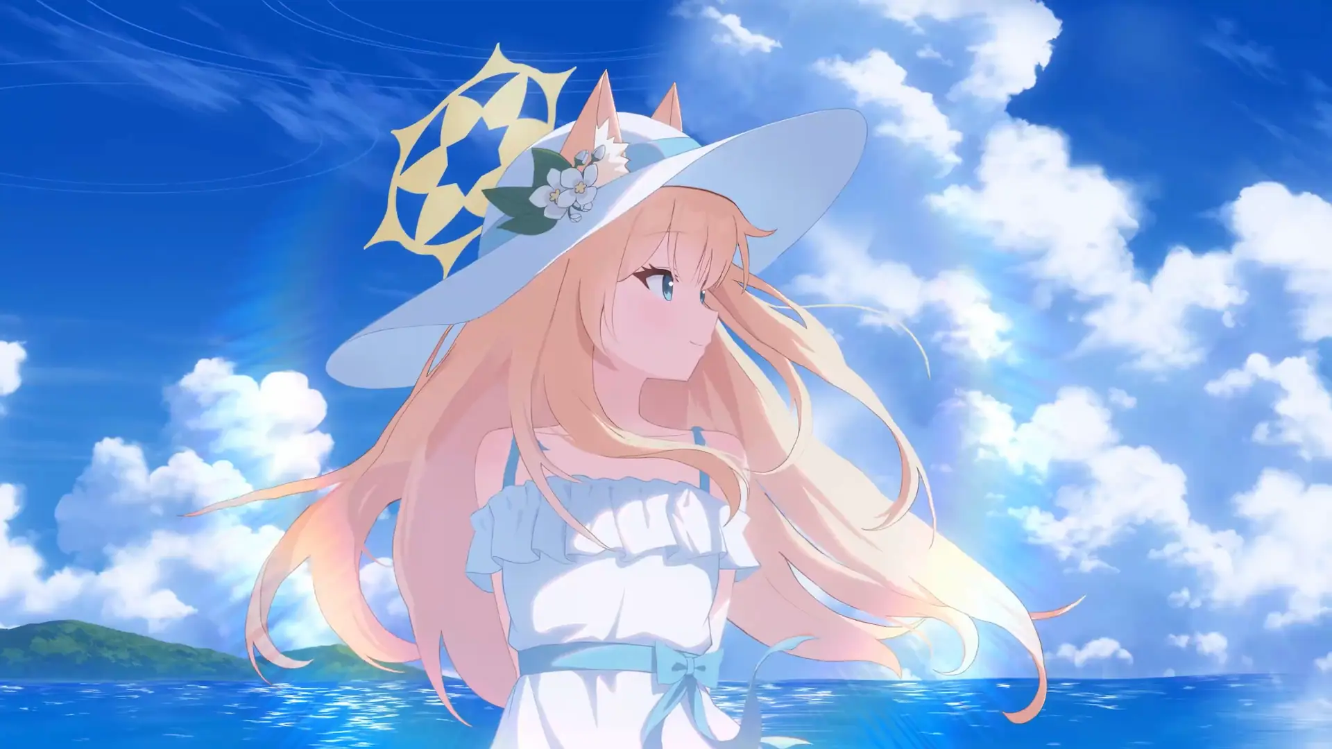 Iochi Mari from Blue Archive overlooking a bright ocean beneath a blue summer sky in an anime live wallpaper.