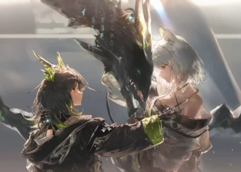 Kal'tsit and Mon3tr Arknights Live Wallpaper 1 Kal'tsit and Mon3tr sharing a powerful moment with cinematic lighting in an Arknights live wallpaper.