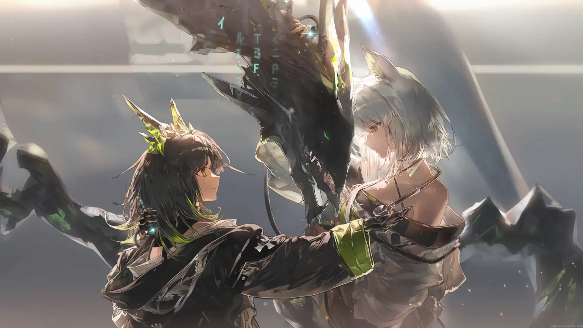 Kal'tsit and Mon3tr sharing a powerful moment with cinematic lighting in an Arknights live wallpaper.