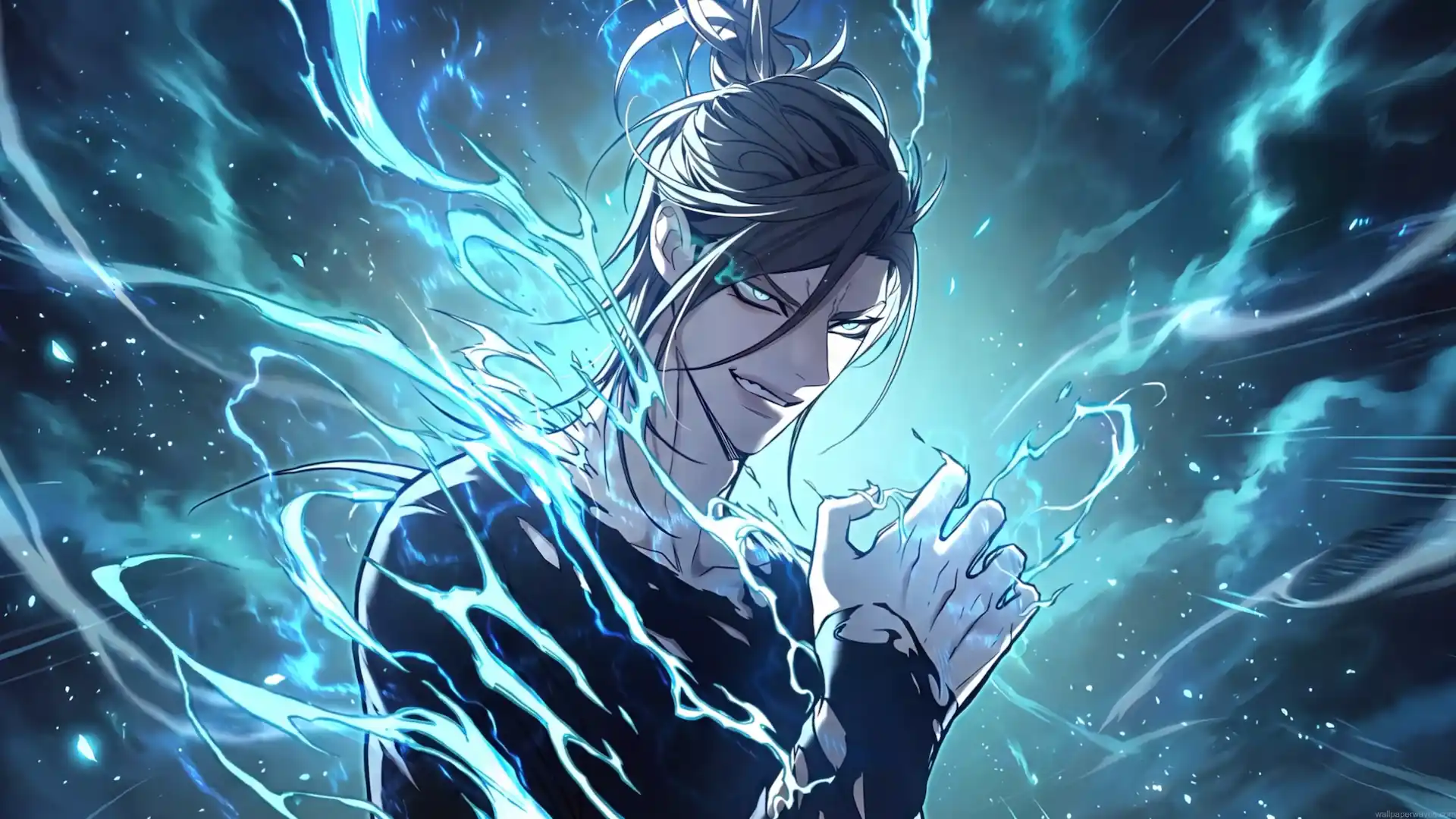 Kayden Break from Eleceed surrounded by glowing blue lightning and powerful electric energy in an anime live wallpaper.