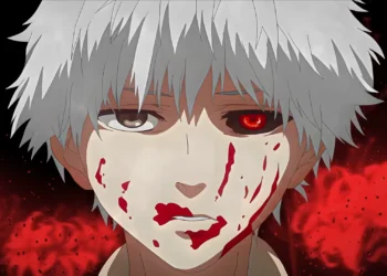 Ken Kaneki with glowing red ghoul eye and blood-covered face from Tokyo Ghoul live wallpaper.