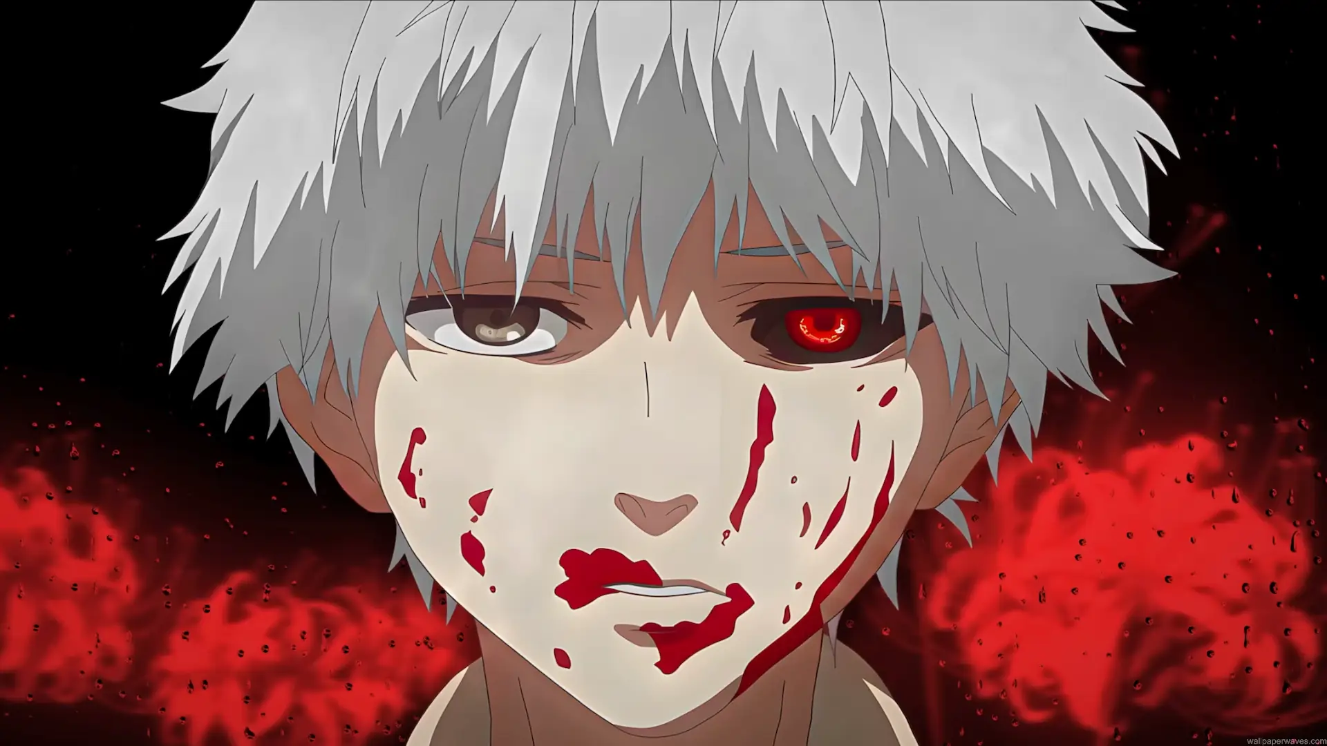 Ken Kaneki with glowing red ghoul eye and blood-covered face from Tokyo Ghoul live wallpaper.