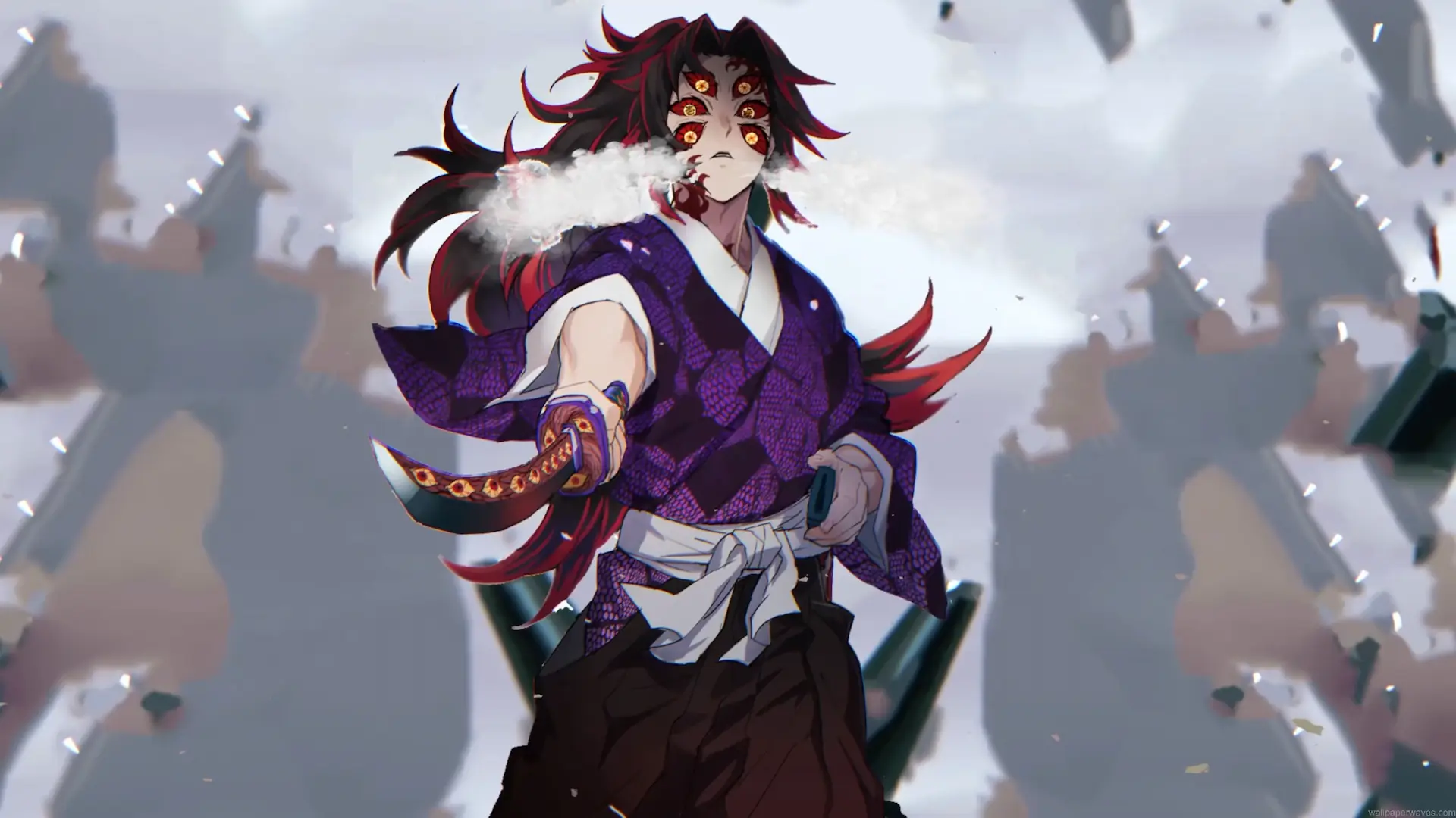 Kokushibo from Demon Slayer wielding his flesh katana with six glowing eyes in anime live wallpaper.