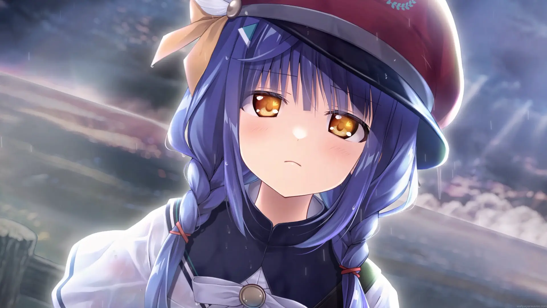 Koyomi Shirato from Anemoi wearing a red beret during a rainy evening in an anime live wallpaper.