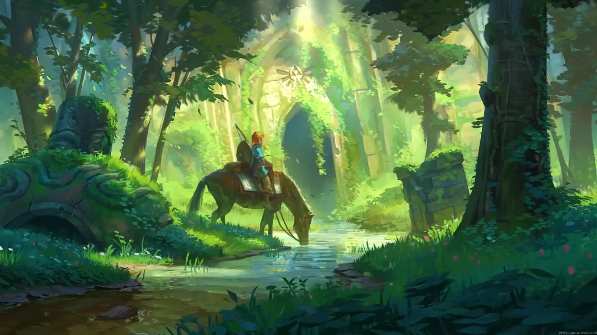 Link on horseback discovering an ancient forest temple in The Legend of Zelda live wallpaper.