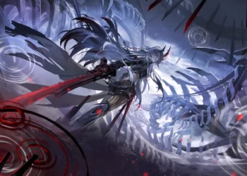 Lucia in her battle form wielding a glowing red energy blade amid futuristic mechanical ruins in Punishing Gray Raven live wallpaper.