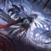 Lucia in her battle form wielding a glowing red energy blade amid futuristic mechanical ruins in Punishing Gray Raven live wallpaper.