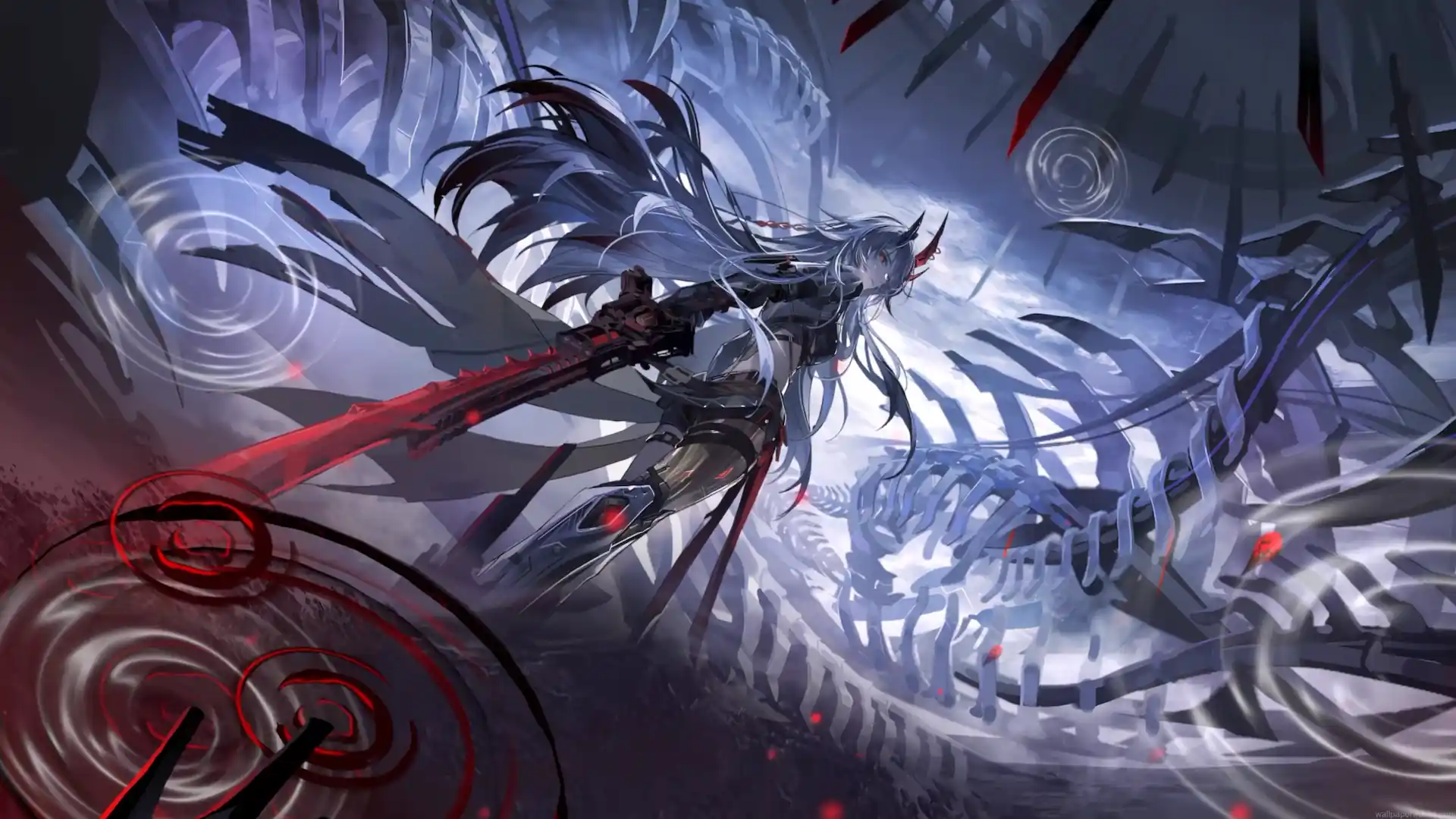Lucia in her battle form wielding a glowing red energy blade amid futuristic mechanical ruins in Punishing Gray Raven live wallpaper.