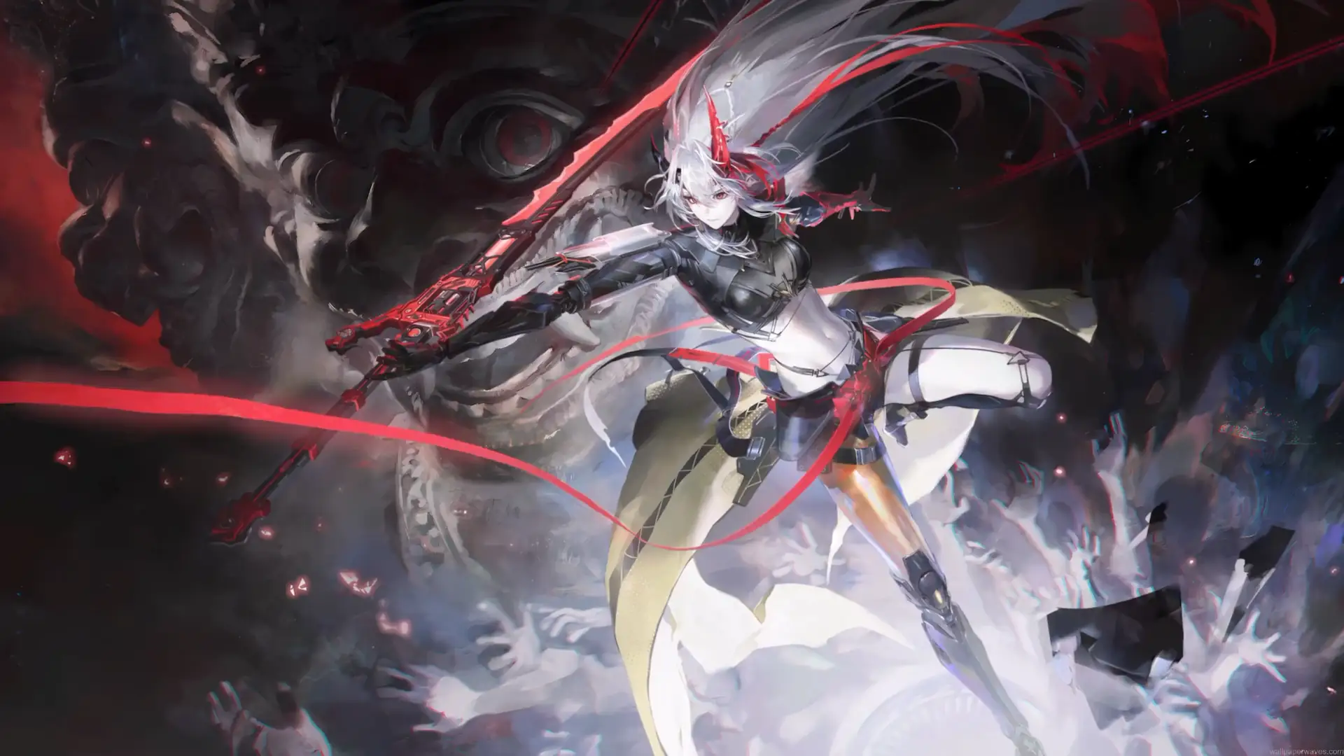 Lucia wielding her crimson energy blade in an intense battle from Punishing: Gray Raven live wallpaper.