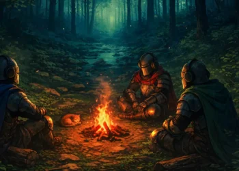 Medieval Knights Campfire Live Wallpaper 2 Three medieval knights resting around a campfire in a peaceful forest with a sleeping fox in a fantasy live wallpaper.