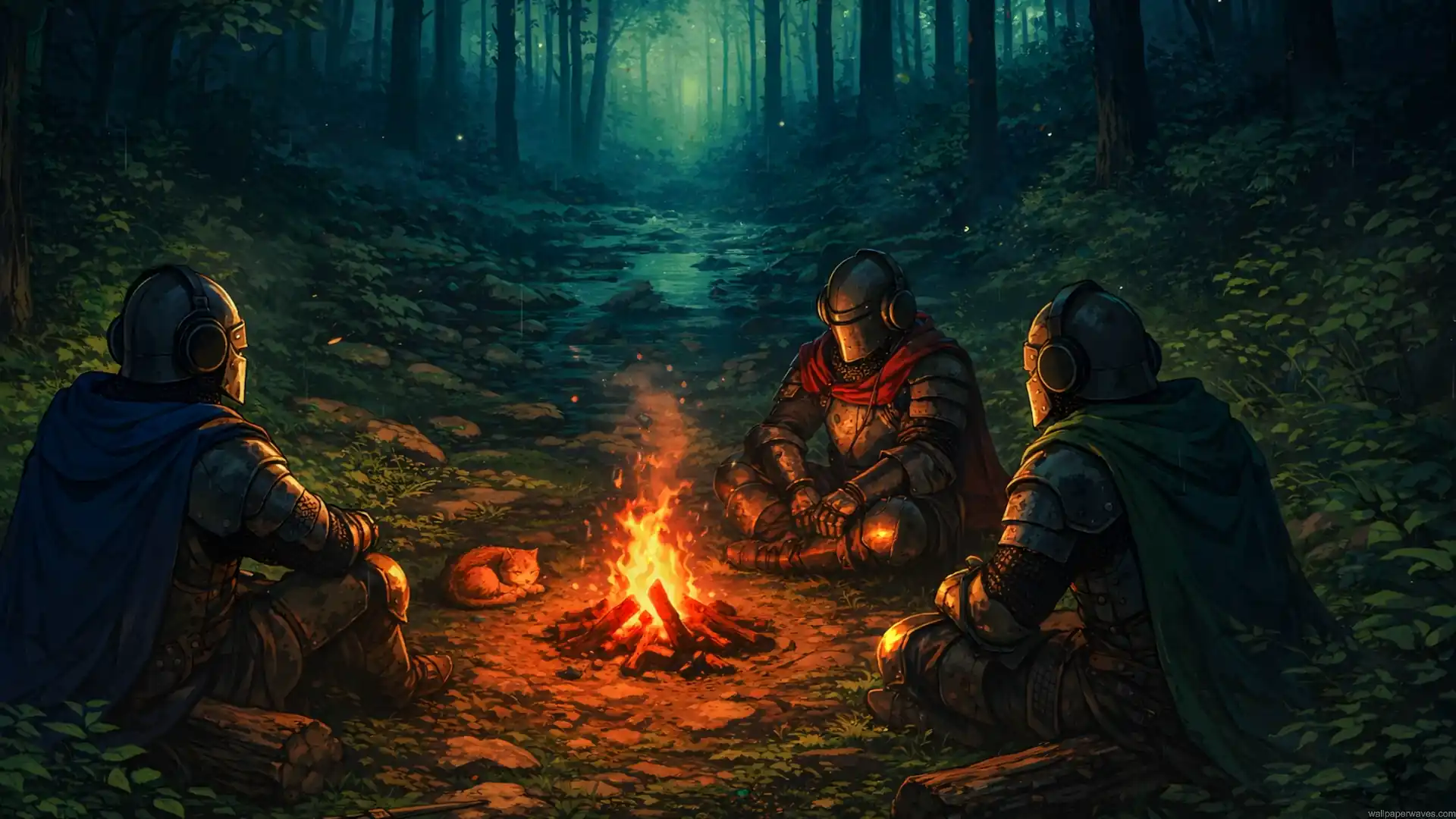 Three medieval knights resting around a campfire in a peaceful forest with a sleeping fox in a fantasy live wallpaper.