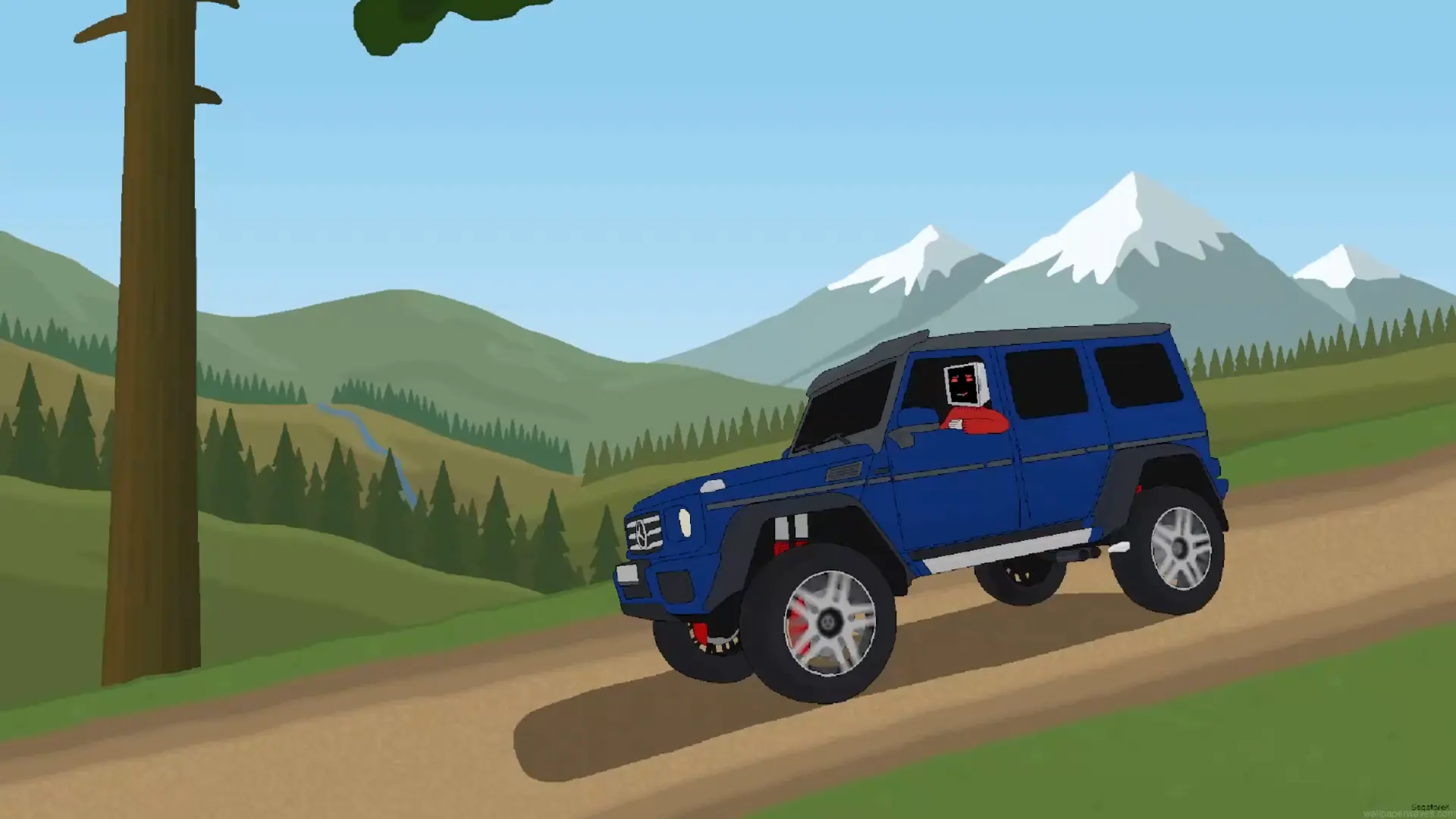 Blue Mercedes G-Class driving along a mountain road surrounded by forests and snow-capped peaks in Mercedes G-Class Mountain Drive Live Wallpaper.