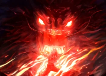 Might Guy opening the Eight Inner Gates with a blazing red aura and fiery dragon spirit in Naruto Shippuden live wallpaper.