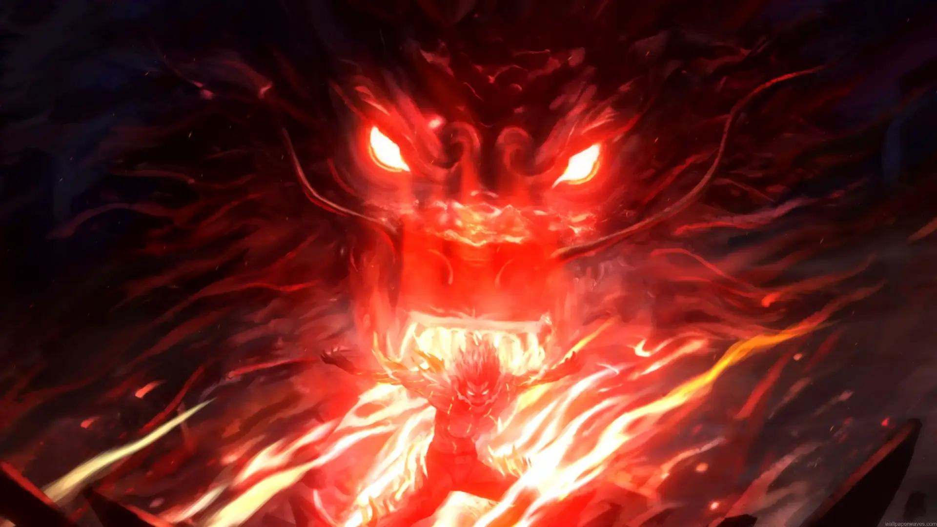 Might Guy opening the Eight Inner Gates with a blazing red aura and fiery dragon spirit in Naruto Shippuden live wallpaper.