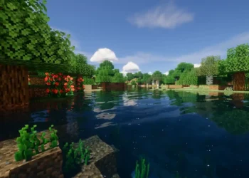 Minecraft Shaders Lake Live Wallpaper 1 Minecraft shaders lake with crystal-clear water, lush forest, and realistic reflections in a peaceful live wallpaper.