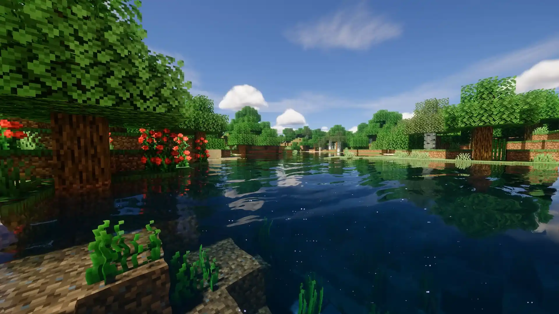 Minecraft shaders lake with crystal-clear water, lush forest, and realistic reflections in a peaceful live wallpaper.