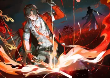 Mortenax Blade Honkai Star Rail Live Wallpaper 1 Mortenax Blade forging a flaming sword beneath a crimson moon in Honkai: Star Rail live wallpaper.