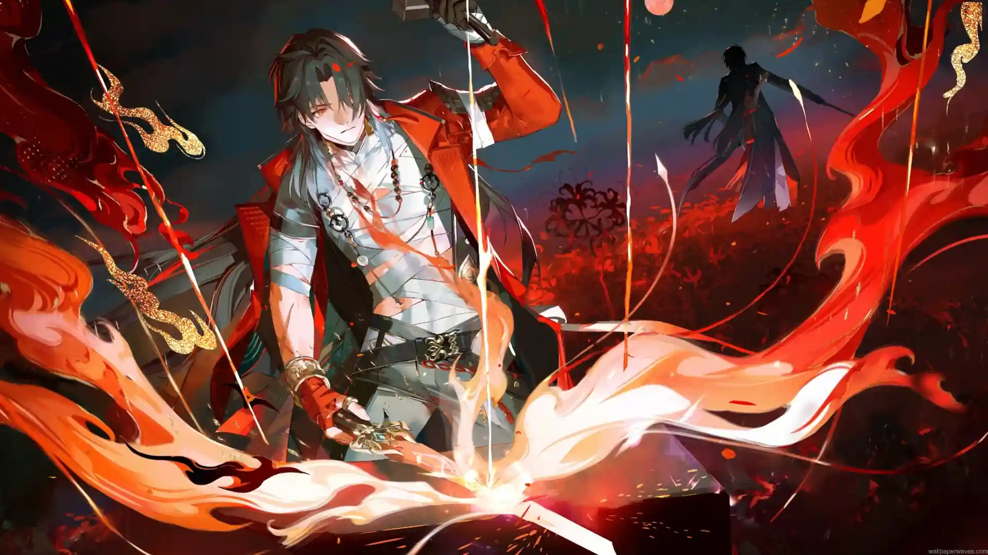 Mortenax Blade forging a flaming sword beneath a crimson moon in Honkai: Star Rail live wallpaper.