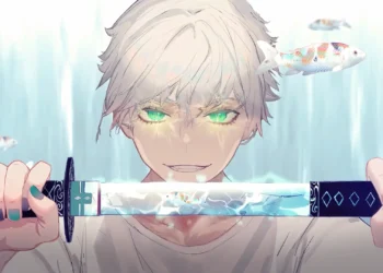 Mystic Koi Swordsman Live Wallpaper 2 Anime swordsman with glowing green eyes unsheathing a mystical katana filled with swimming koi fish in a fantasy live wallpaper.