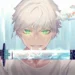 Anime swordsman with glowing green eyes unsheathing a mystical katana filled with swimming koi fish in a fantasy live wallpaper.