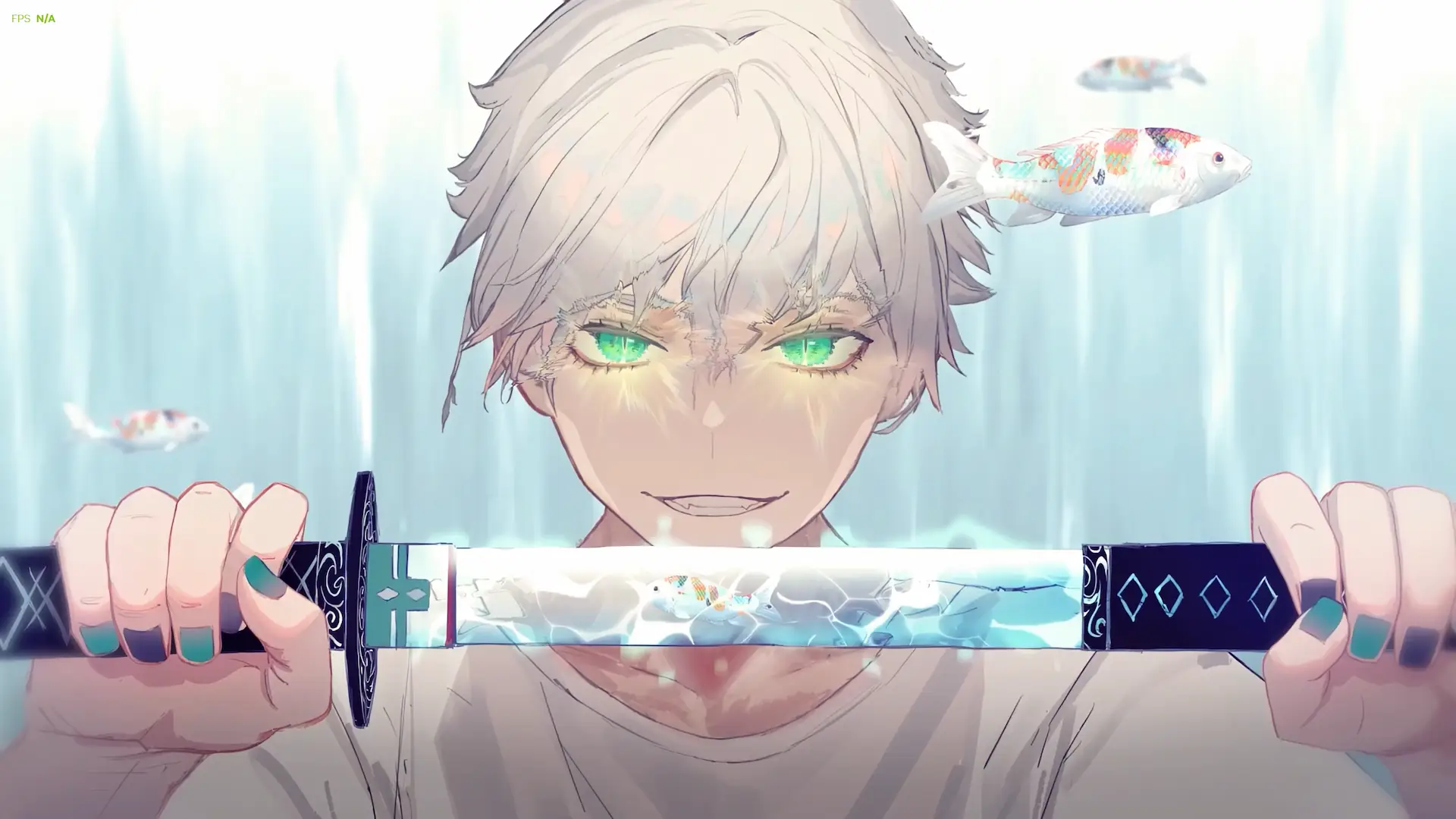 Anime swordsman with glowing green eyes unsheathing a mystical katana filled with swimming koi fish in a fantasy live wallpaper.