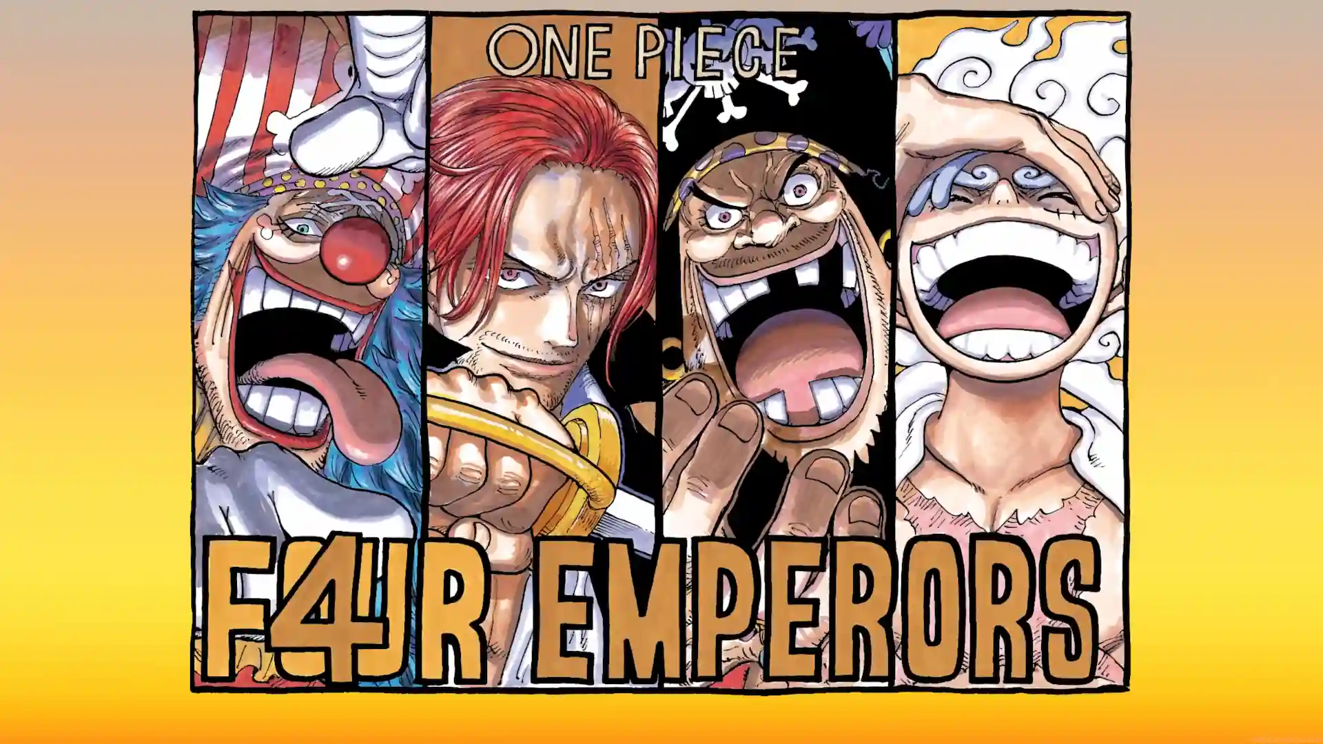 One Piece Four Emperors featuring Buggy, Red-Haired Shanks, Blackbeard, and Gear 5 Luffy in manga-style live wallpaper.