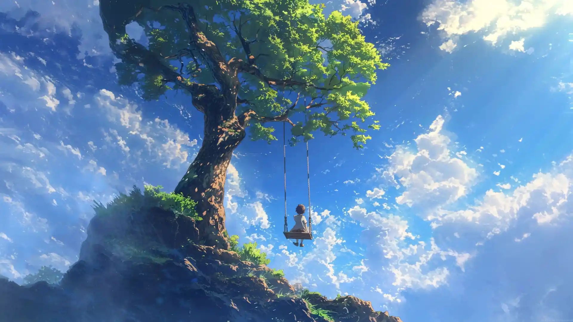 Peaceful tree swing beneath a bright blue sky with fluffy clouds in a relaxing nature live wallpaper.