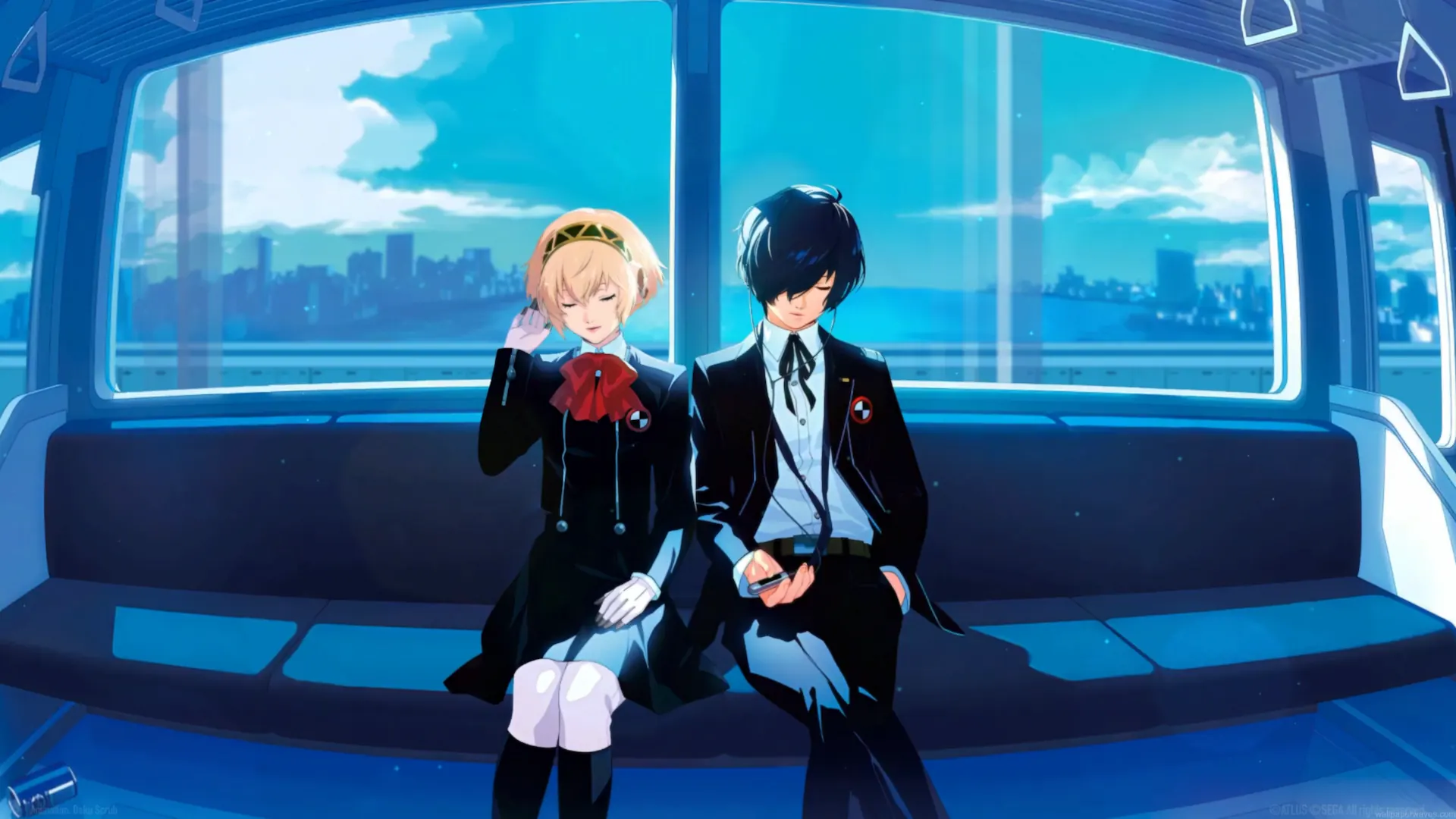 Aigis and Makoto Yuki sitting together on a train in Persona 3 Reload live wallpaper.