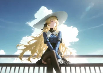 Phoebe Wuthering Waves Live Wallpaper 1 Phoebe from Wuthering Waves sitting beneath a bright blue sky with flowing golden hair and a wide white hat in an elegant anime live wallpaper.