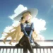 Phoebe Wuthering Waves Live Wallpaper 10 Phoebe from Wuthering Waves sitting beneath a bright blue sky with flowing golden hair and a wide white hat in an elegant anime live wallpaper.