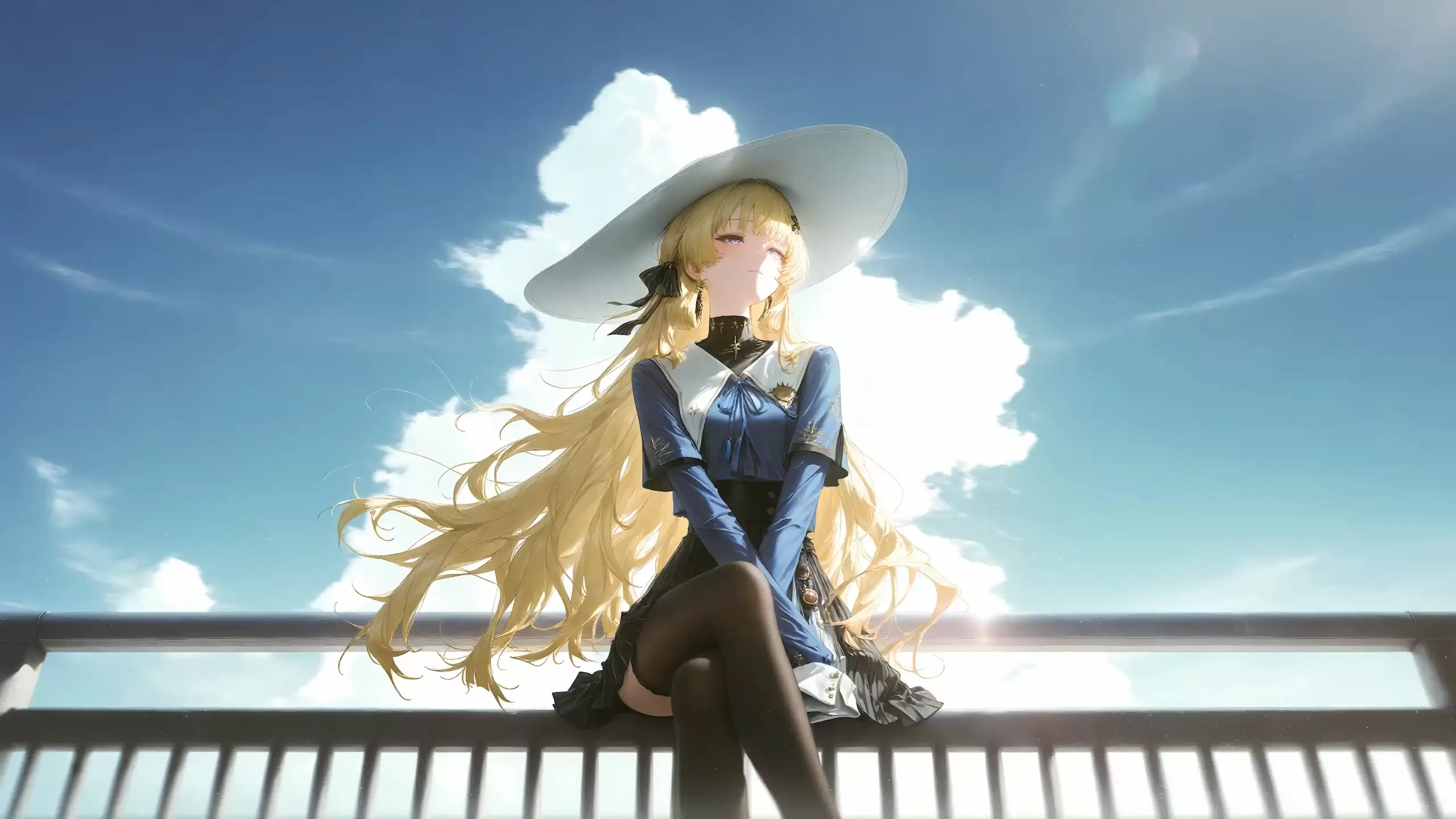 Phoebe from Wuthering Waves sitting beneath a bright blue sky with flowing golden hair and a wide white hat in an elegant anime live wallpaper.