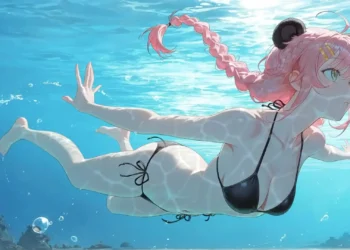 Pink-haired anime girl swimming underwater in a black bikini beneath crystal-clear blue ocean water in Pink Hair Underwater Anime Girl Live Wallpaper.