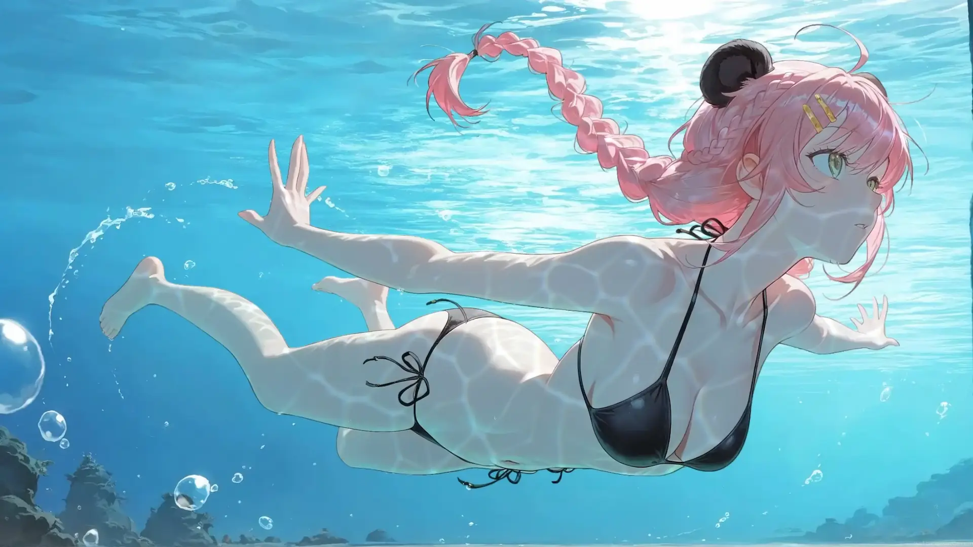 Pink-haired anime girl swimming underwater in a black bikini beneath crystal-clear blue ocean water in Pink Hair Underwater Anime Girl Live Wallpaper.