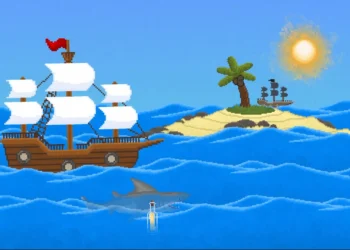 Pixel pirate ship sailing across a bright ocean toward a tropical island with a shark below live wallpaper.