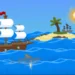 Pixel pirate ship sailing across a bright ocean toward a tropical island with a shark below live wallpaper.
