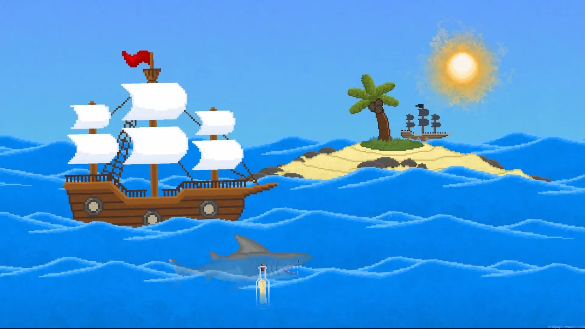 Pixel pirate ship sailing across a bright ocean toward a tropical island with a shark below live wallpaper.