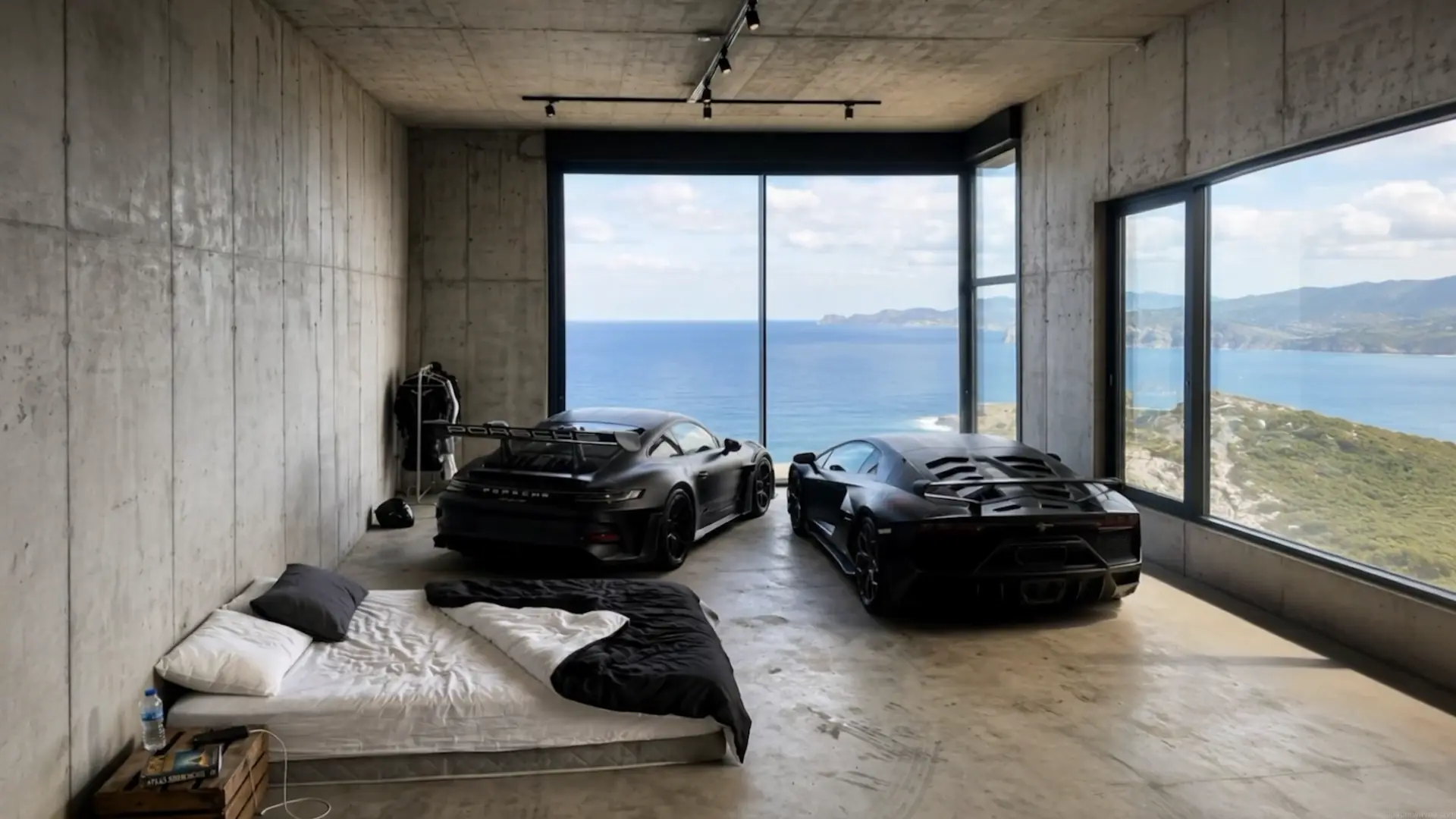Porsche 911 GT3 RS and Lamborghini Aventador inside a modern ocean-view luxury garage live wallpaper.