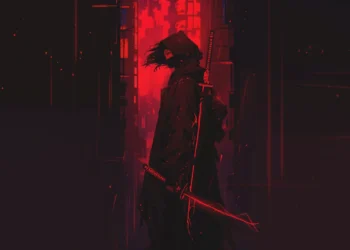 Masked cyber samurai holding a glowing red katana in a futuristic neon city in Red Cyber Samurai Live Wallpaper.