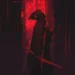 Masked cyber samurai holding a glowing red katana in a futuristic neon city in Red Cyber Samurai Live Wallpaper.