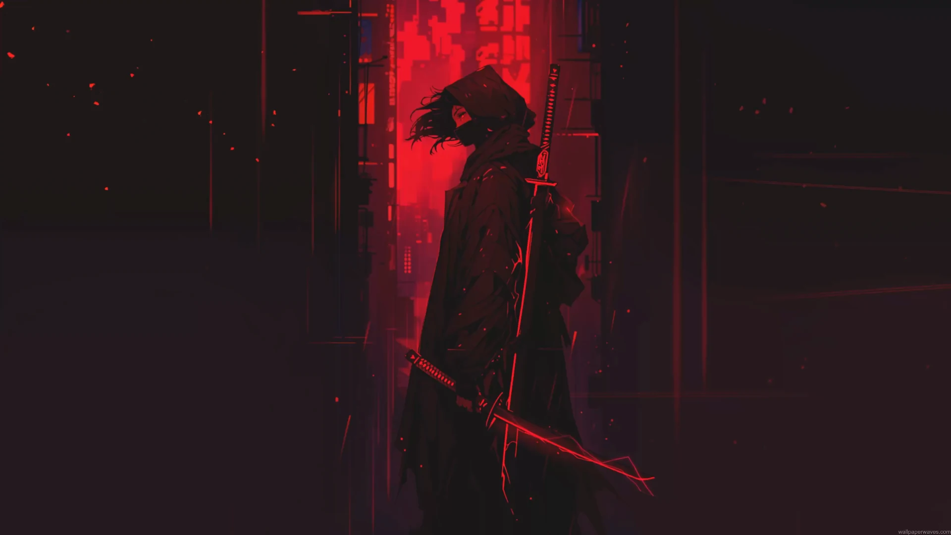 Masked cyber samurai holding a glowing red katana in a futuristic neon city in Red Cyber Samurai Live Wallpaper.