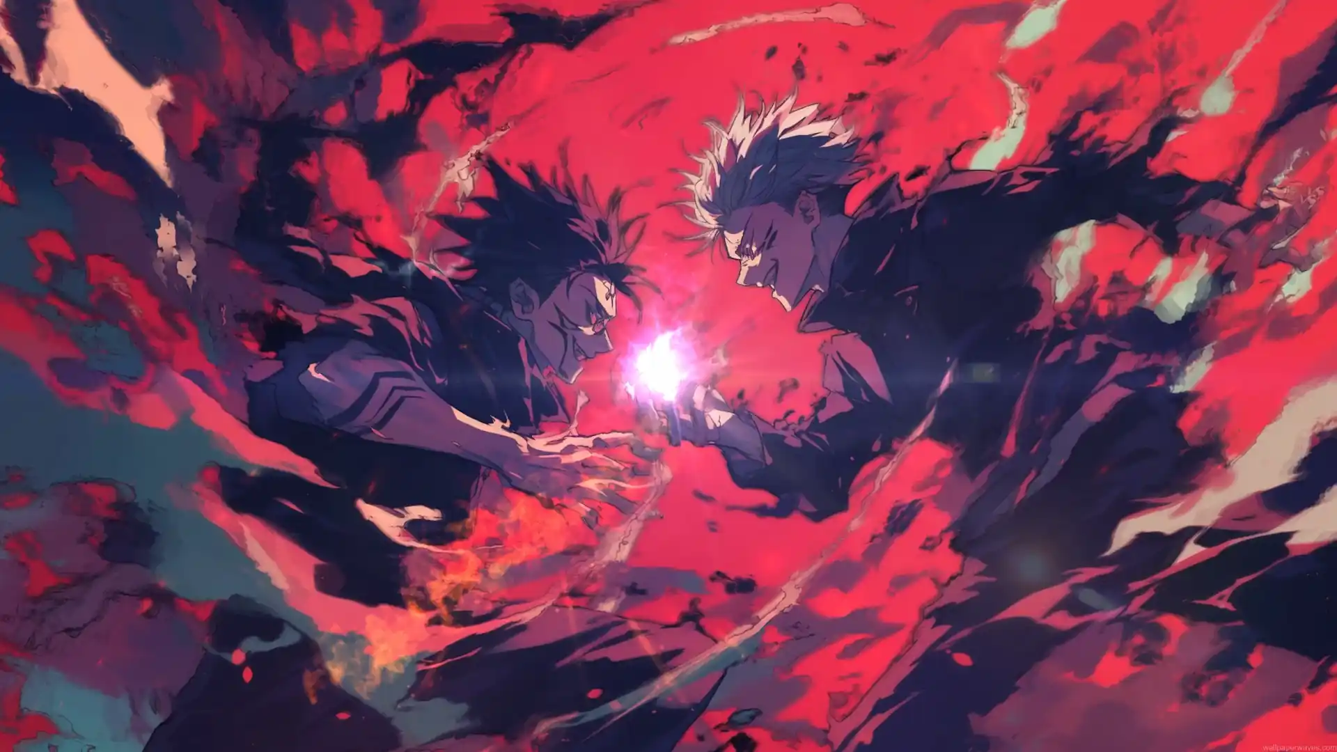 Satoru Gojo and Ryomen Sukuna clashing with massive red cursed energy during their epic Jujutsu Kaisen battle live wallpaper.