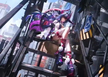 Shinku sitting on an industrial platform overlooking a futuristic city in Neverness to Everness live wallpaper.