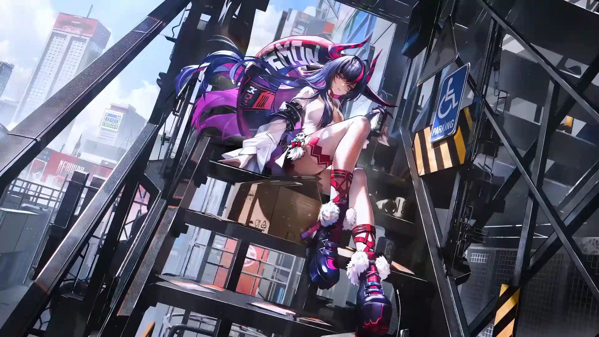 Shinku sitting on an industrial platform overlooking a futuristic city in Neverness to Everness live wallpaper.