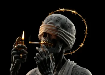 Skeleton with Golden Halo Live Wallpaper 4 Skeleton with golden halo, blindfold, gold teeth, and cigarette in a dark gothic fantasy live wallpaper.