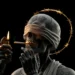 Skeleton with golden halo, blindfold, gold teeth, and cigarette in a dark gothic fantasy live wallpaper.