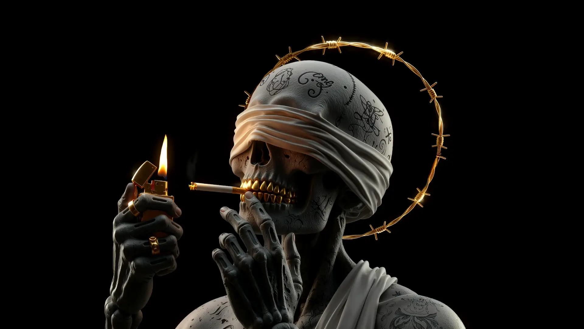 Skeleton with golden halo, blindfold, gold teeth, and cigarette in a dark gothic fantasy live wallpaper.