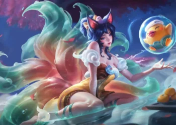 Spirit Blossom Ahri surrounded by flowing magical tails and a floating spirit companion in League of Legends live wallpaper.