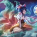 Spirit Blossom Ahri surrounded by flowing magical tails and a floating spirit companion in League of Legends live wallpaper.